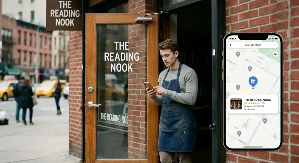 small business owner checking local search results on a smartphone outside their storefront